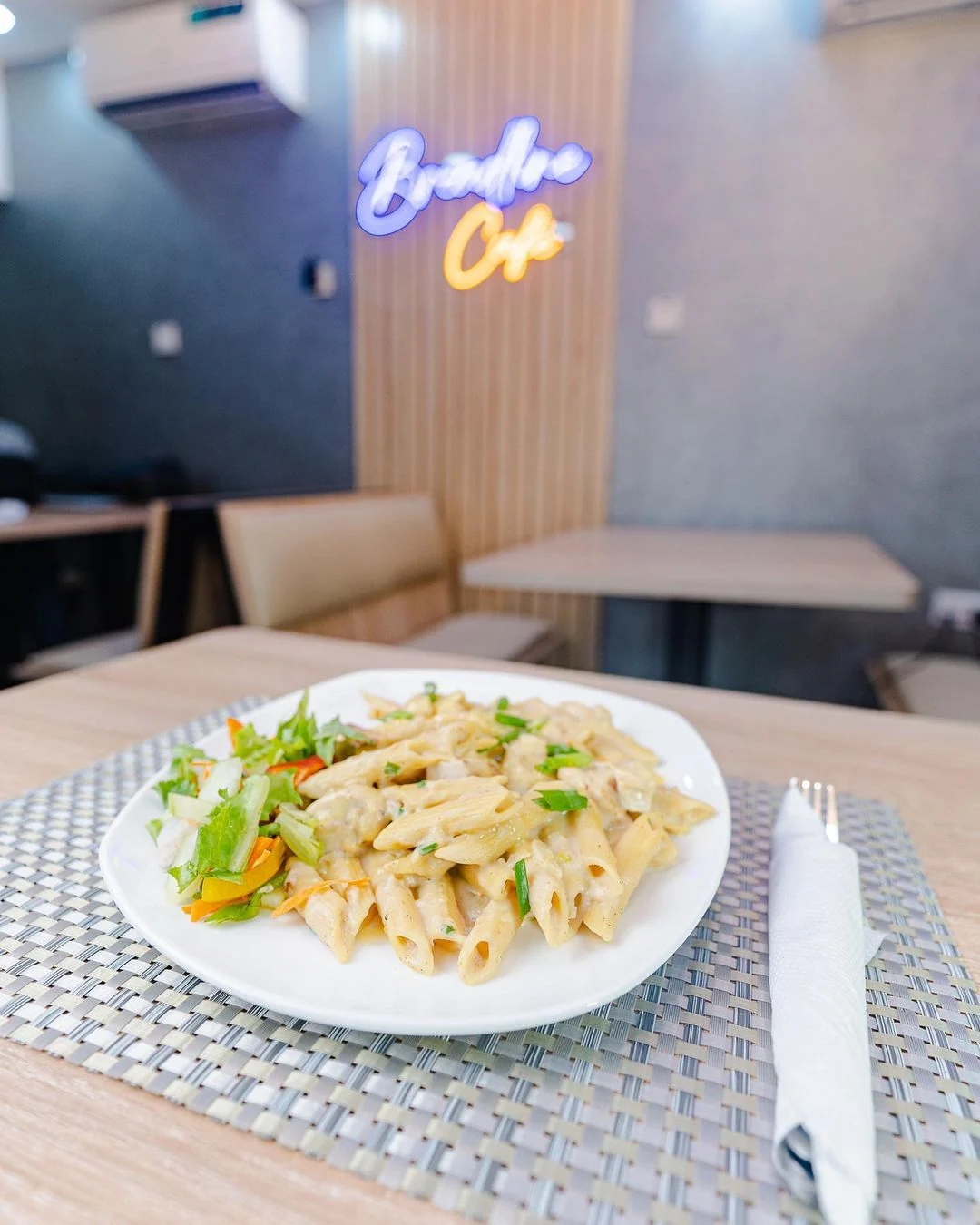 Creamy pasta served inside Breadline Cafe