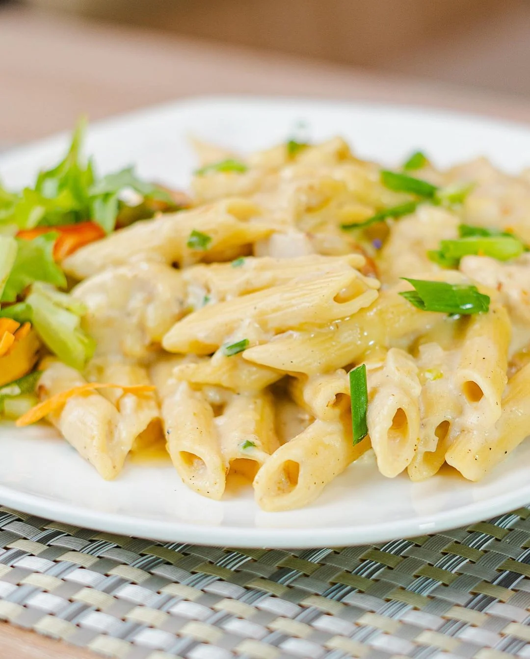 A close-up of creamy pasta
